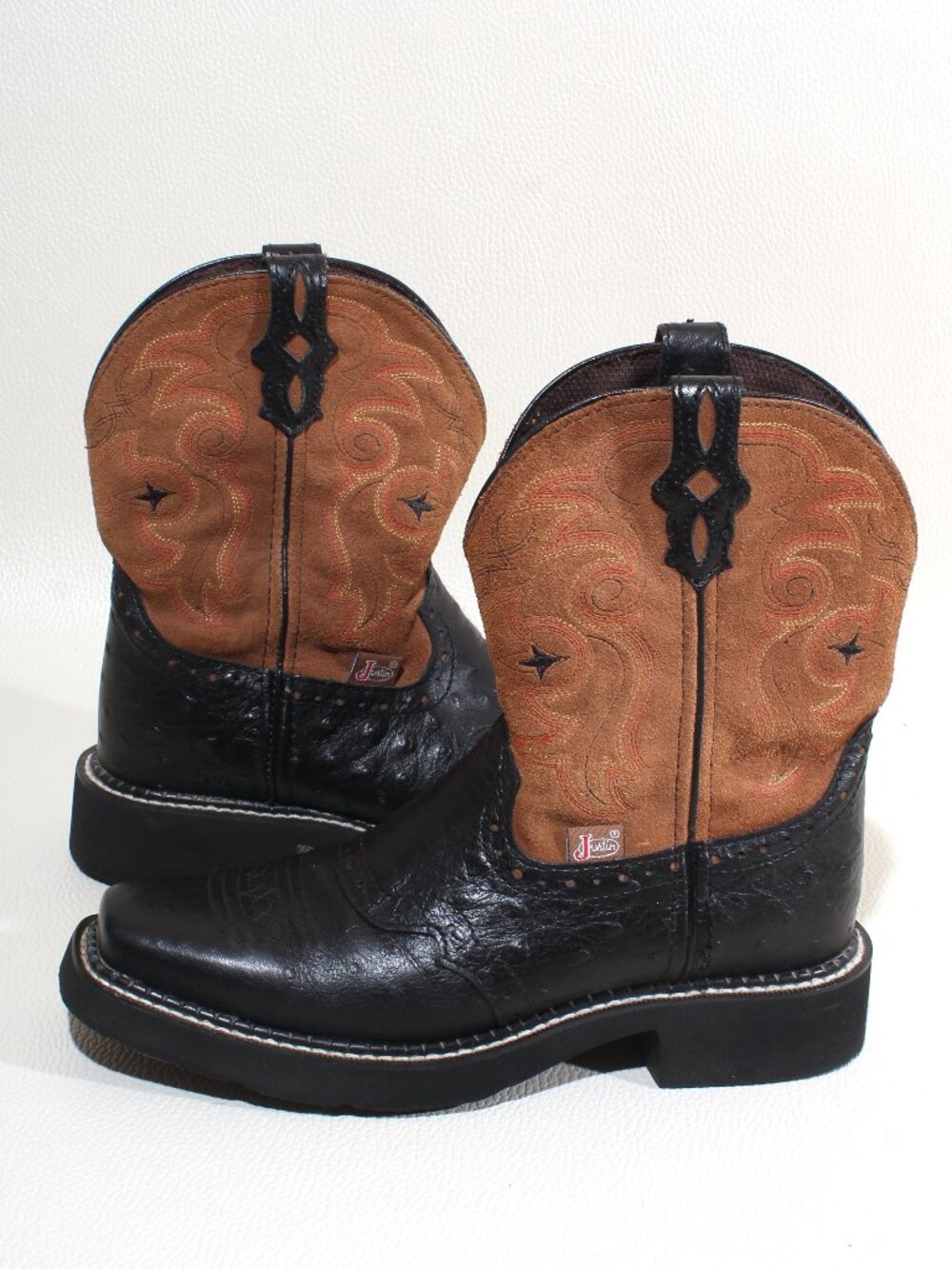 Justin Gypsy L9968 Womens 6.5B Black Tan Western Cowboy Boots Square Toe Leather